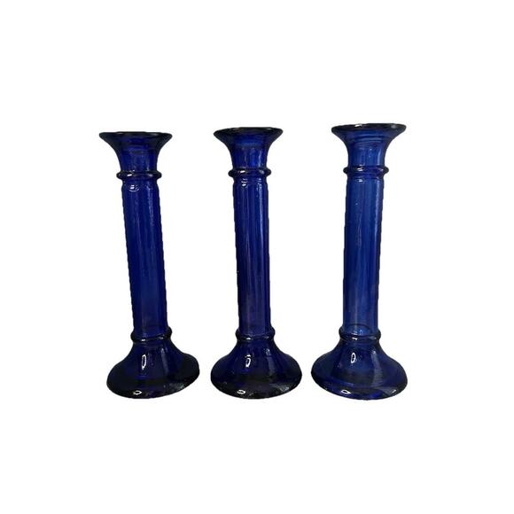 3 Vintage Pier 1 Imports Cobalt Blue Pillar Candle Holder or Vase Recycled Glass - Picture 3 of 13
